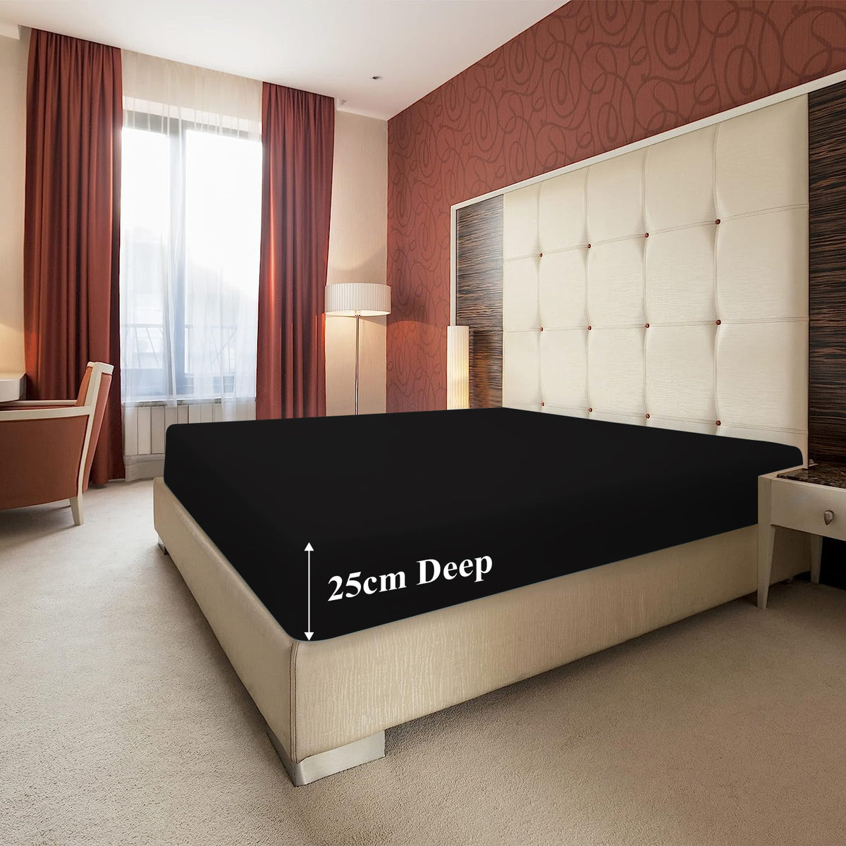 Extra Deep Fitted Bed Sheets Single, Double, King Sizes Black 25cm