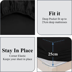 Extra Deep Fitted Bed Sheets Single, Double, King Sizes Black 25cm